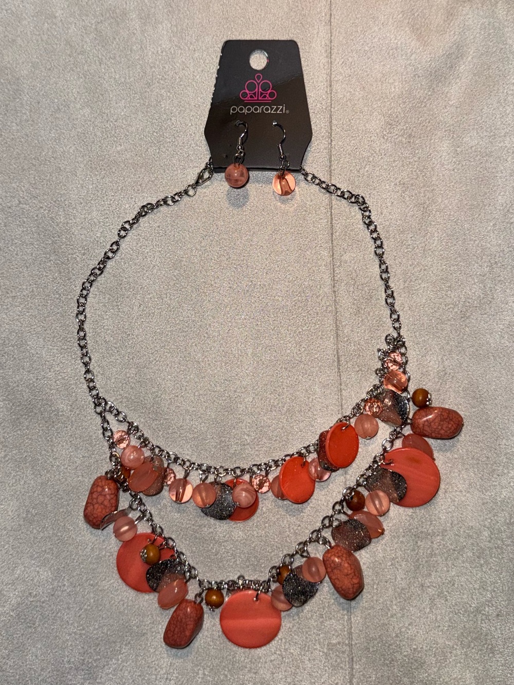 Paparazzi Coral and Peach Layered Drop Necklace with Matching Earrings